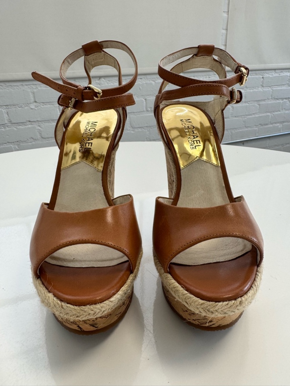 Michael Kors Tan Leather Espadrille Platform Sandals